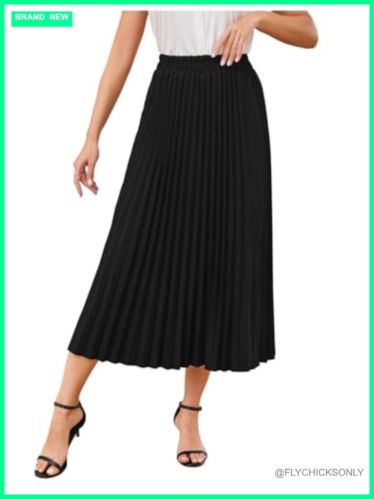 Solid Pleated Midi Skirt With Elastic Waist
